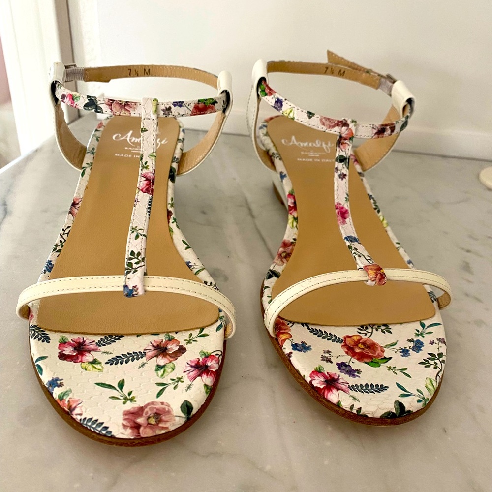 AMALFI by Rangoni Sandals White Floral Pattern Leather Made in Italy - Picture 3 of 8